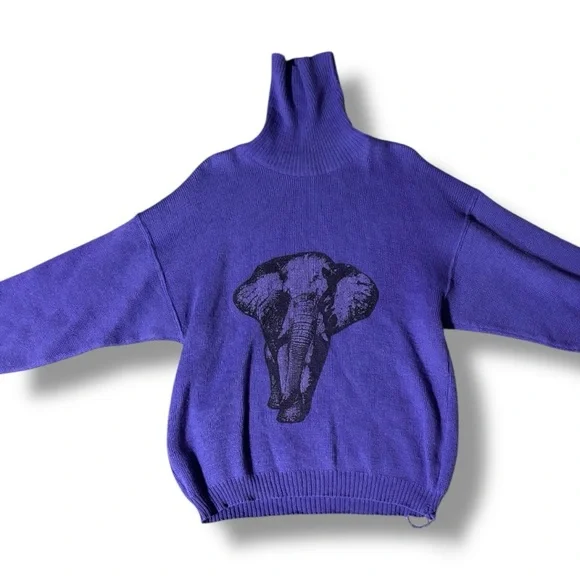 BF Purple Graphic Elephant Wool Long Sleeve Cozy Vintage Turtleneck Sweater - Picture 16 of 16